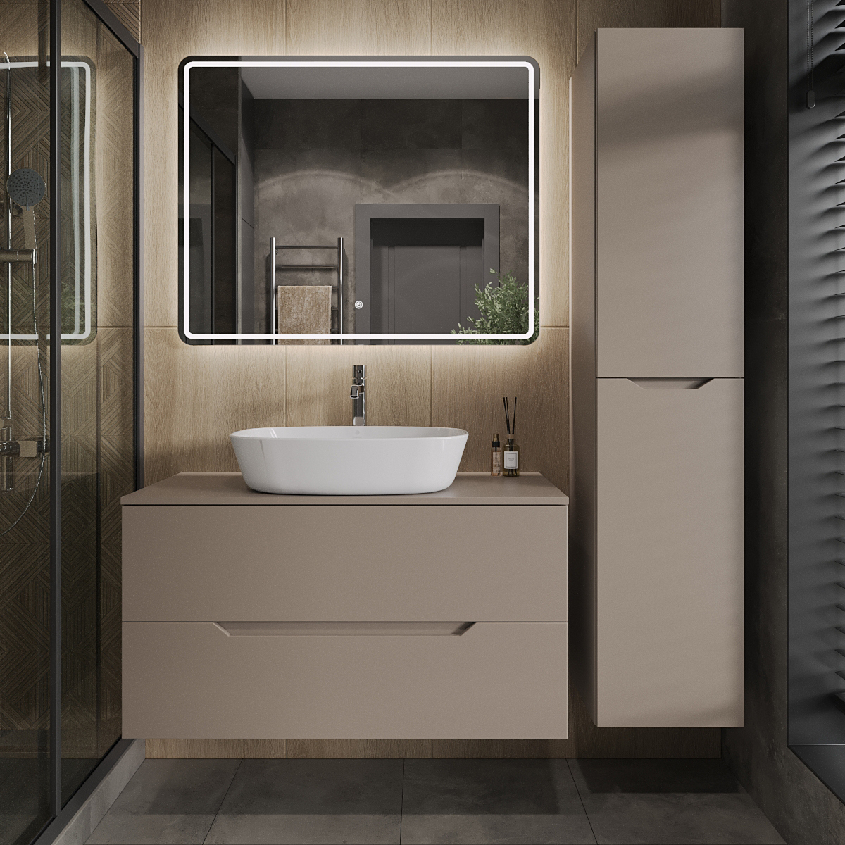 

Мебель для ванной комнаты Orange Line 100 подвесная, 2 ящика, матовый латте с раковиной B08-500W