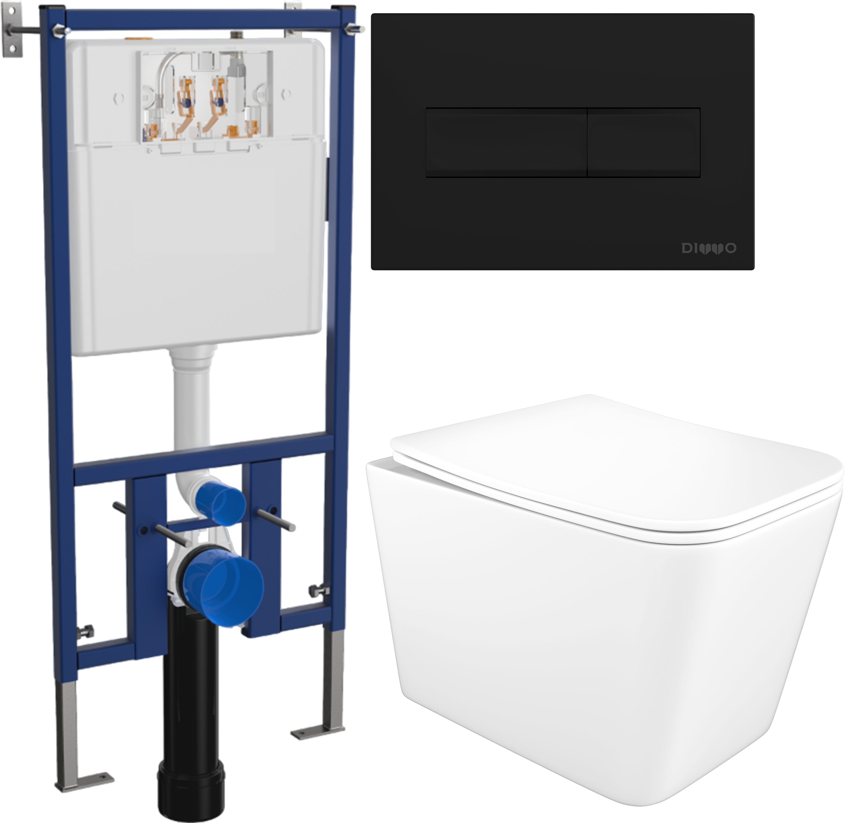 Комплект 3 в 1 Унитаз подвесной STWORKI Молде S23401WH безободковый с микролифтом антивсплеск Инсталляция DIWO 4501 Кнопка 7323 цвет матовый черный 19512₽