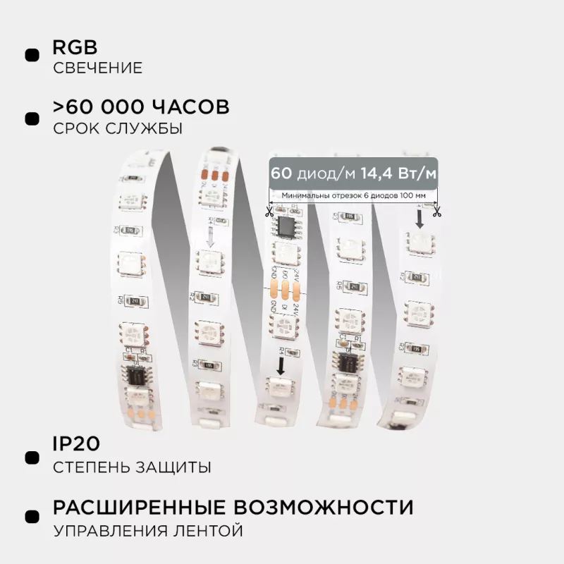 

Комплект адресной светодиодной ленты Apeyron 24В 14,4Вт/м smd5050 60д/м IP20 10м RGB (адаптер питания, контроллер) 10-99