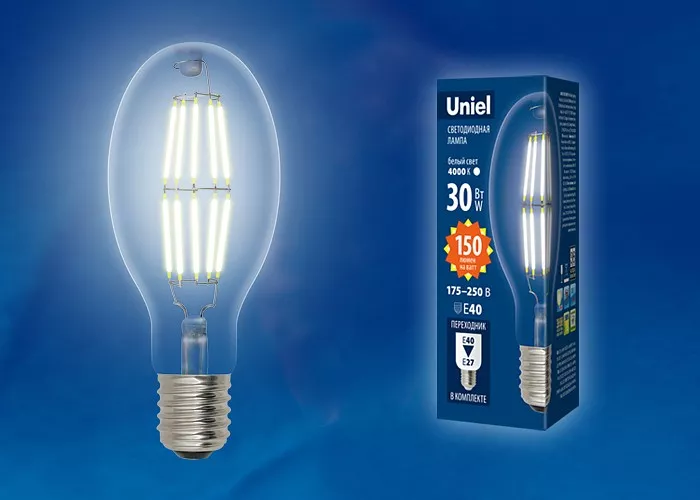 Лампа светодиодная филаментная Uniel E40 30W 6500K прозрачная LED-ED90-30W/DW/E40/CL GLP05TR UL-00003761 - фото 1
