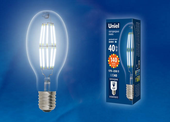 Лампа светодиодная филаментная Uniel E40 40W 4000K прозрачная LED-ED90-40W/NW/E40/CL GLP05TR UL-00003762 - фото 1