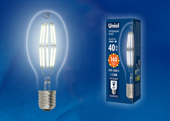 Лампа светодиодная филаментная Uniel E40 40W 6500K прозрачная LED-ED90-40W/DW/E40/CL GLP05TR UL-00003763 - фото 1