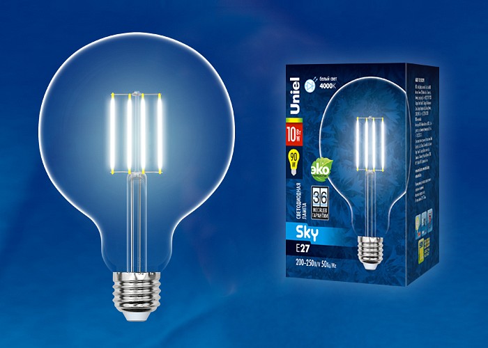 Лампа светодиодная филаментная Uniel E27 10W 4000K прозрачная LED-G125-10W/NW/E27/CL PLS02WH UL-00004859 - фото 1