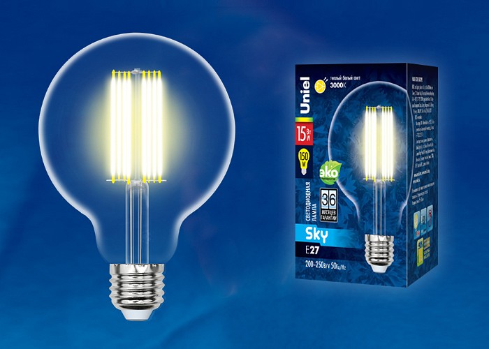 Лампа светодиодная филаментная Uniel E27 15W 3000K прозрачная LED-G95-15W/3000K/E27/CL PLS02WH UL-00004864 - фото 1