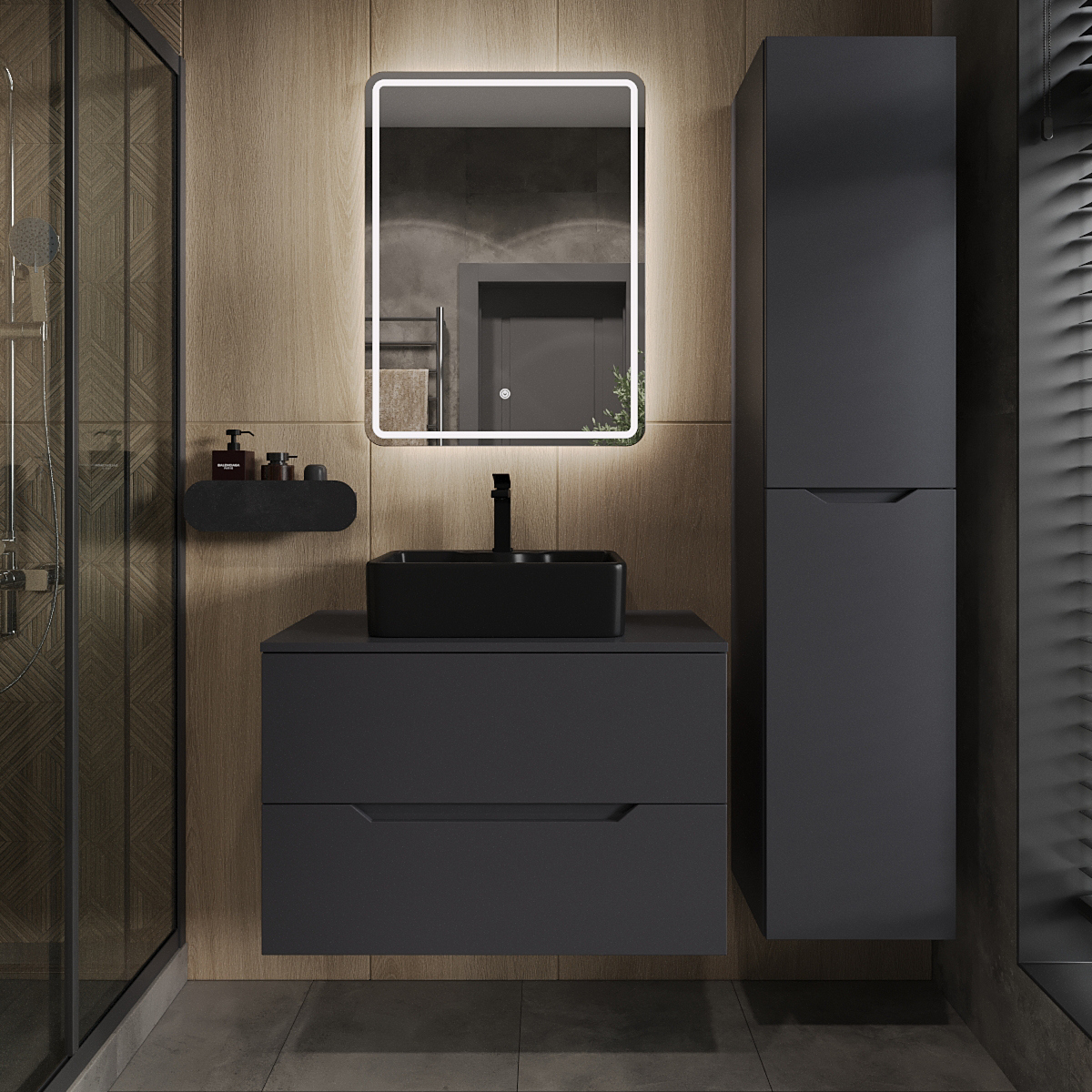 

Мебель для ванной комнаты Orange Line 80 подвесная, 2 ящика, матовый графит с раковиной B01-475mb