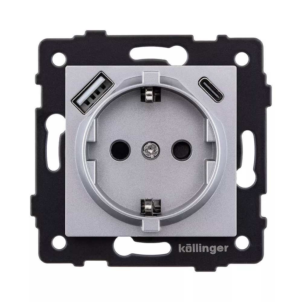 Розетка штепсельная SCHUKO 16A/250 В с USB A+C 20W, серый Kollinger REA-004GY для Aspekt, Eleganz, Reflex