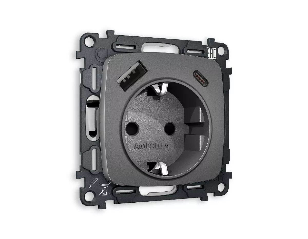 

Комплект механизма розетки 2USB A+C 20W (быстрая зарядка) с/з Ambrella Volt Omega MO660010