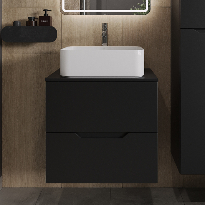 

Тумба с раковиной Orange Line 60 подвесная, 2 ящика, матовая черная с раковиной B02-460W