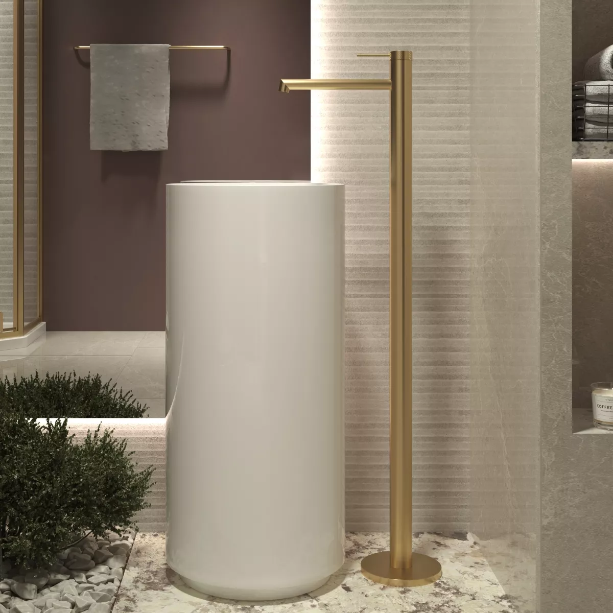 

Смеситель для раковины напольный Vincea Rim VFBF-2R1BG, однорычажный, брашированное золото