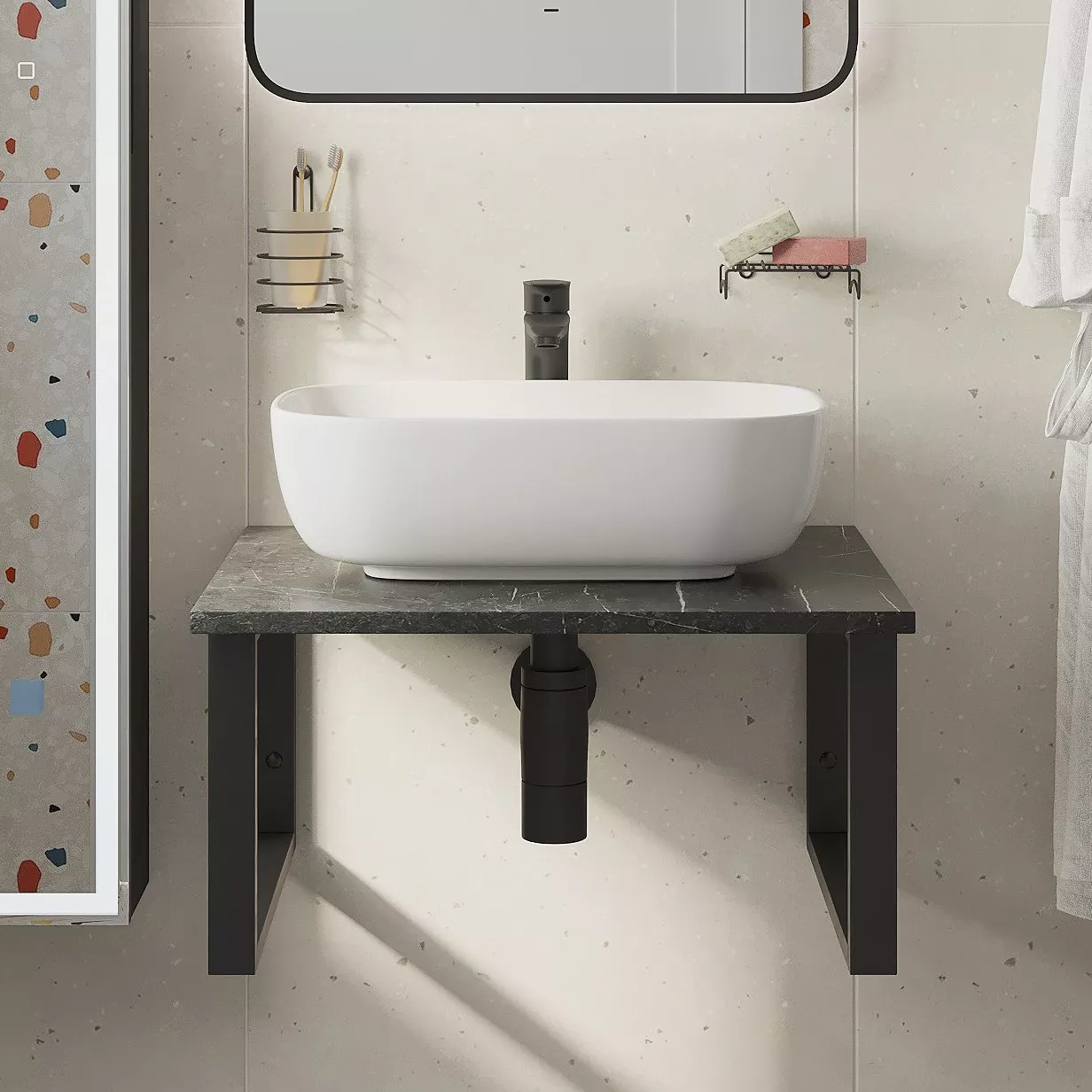 

Столешница с раковиной DIWO Элиста 60 чёрный мрамор, с раковиной Moduo 50 Square