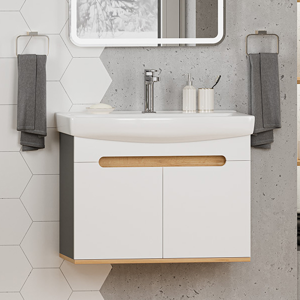 

Тумба под раковину без столешницы Misty Сканди 70 подвесная, белая, дуб крафт золотой, антрацит