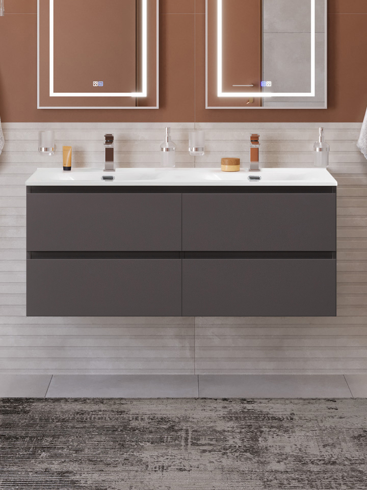 

Тумба с раковиной BelBagno Kraft 120 подвесная, матовая темно-серая, раковина bb-8099-120-2, для двоих