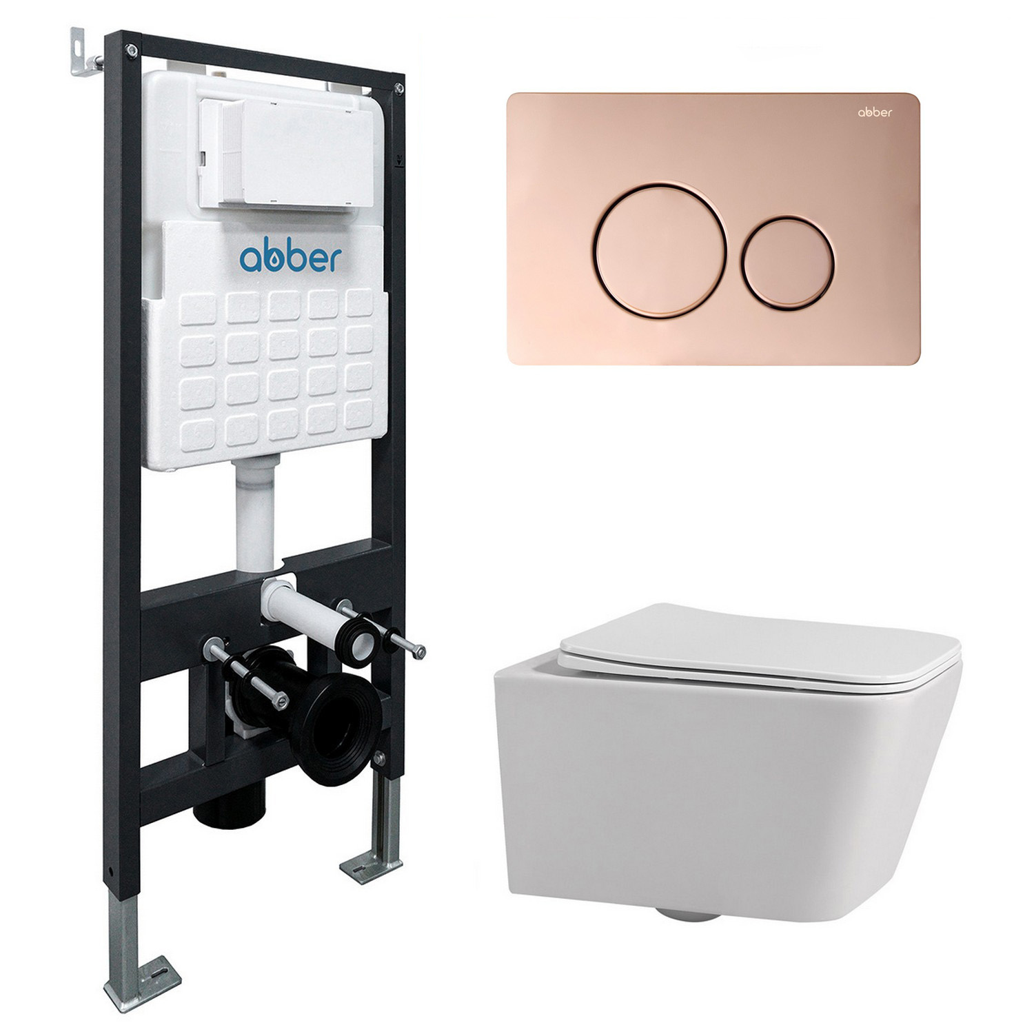 

Комплект 4 в 1 Abber Rechteck AC1201-AC0105-AC0121RG Унитаз подвесной безободковый, с микролифтом + Система инсталляции + Кнопка смыва розовое золото