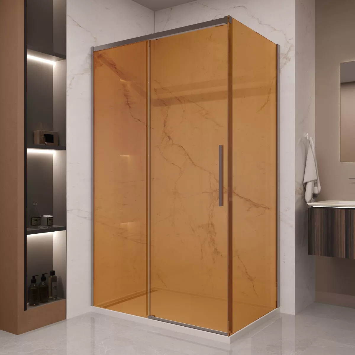 

Душевой уголок Vincea Stella VSR-1ST9012GSGM, 120х90, вороненая сталь, стекло янтарь