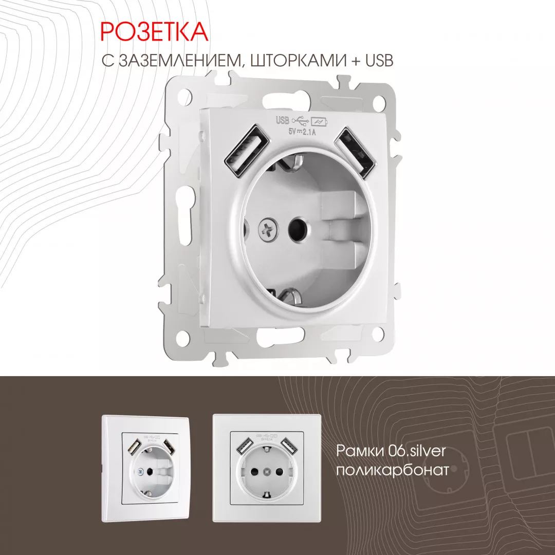 

Розетка с заземлением, шторками + 2 USB Arte Milano 206.47-1.silver