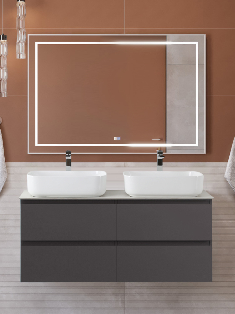 

Мебель для ванной комнаты BelBagno Kraft 120 подвесная, матовая темно-серая, столешница kep-120-2-cem, раковина BB1304, для двоих