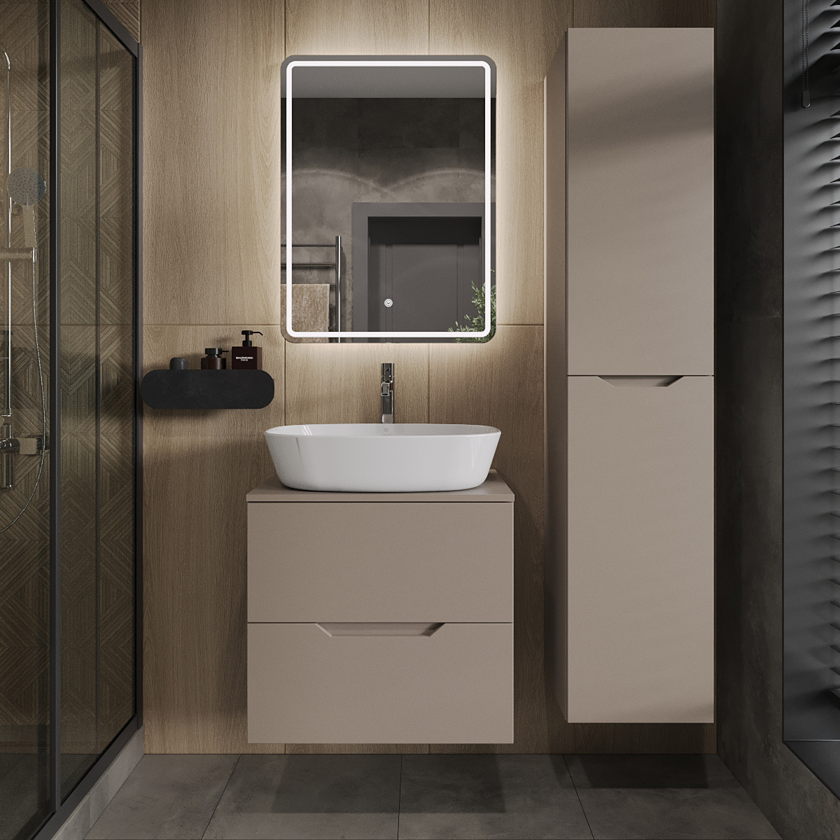 

Мебель для ванной комнаты Orange Line 60 подвесная, 2 ящика, матовый латте с раковиной B08-500W