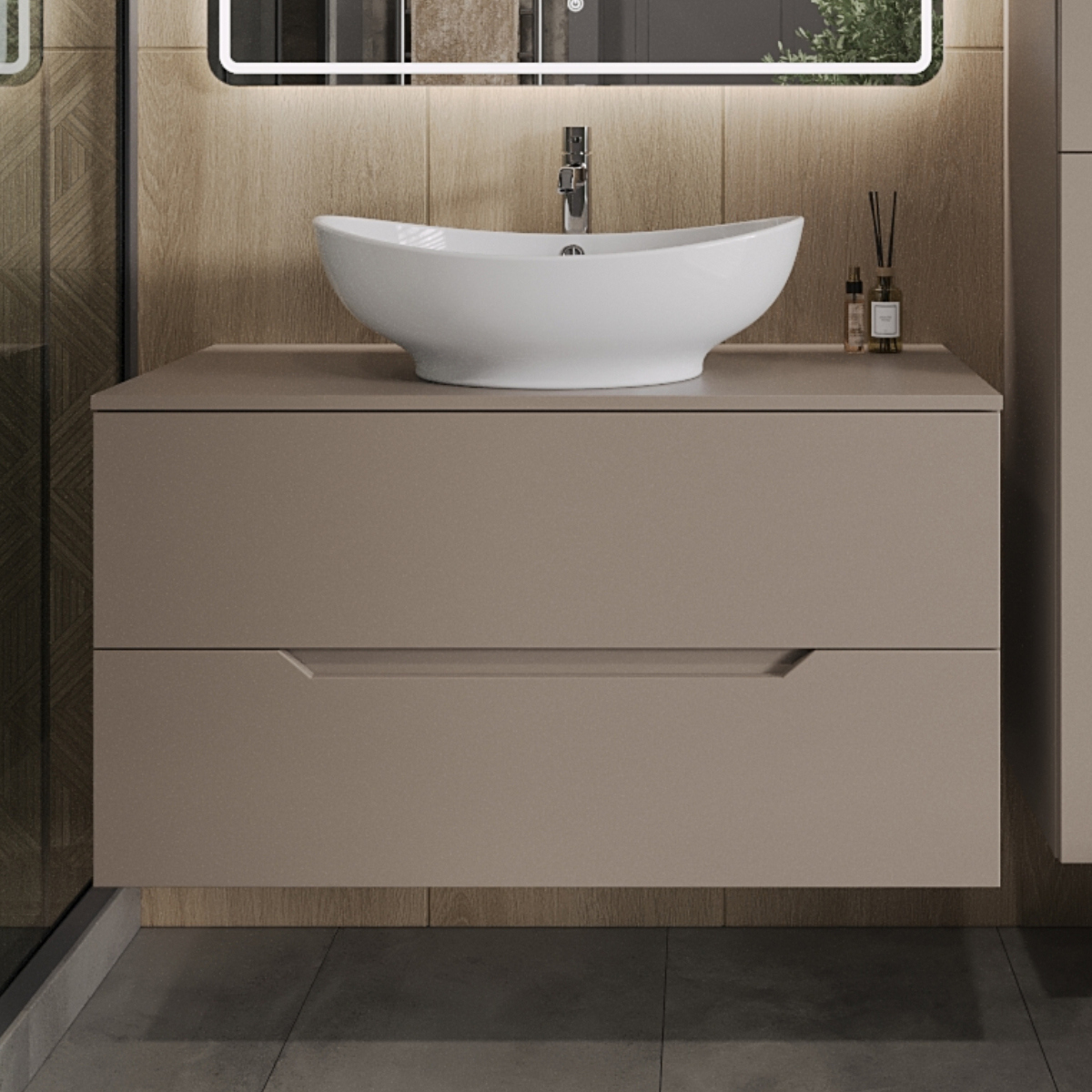 

Тумба с раковиной Orange Line 100 подвесная, 2 ящика, матовый латте с раковиной B08-585w