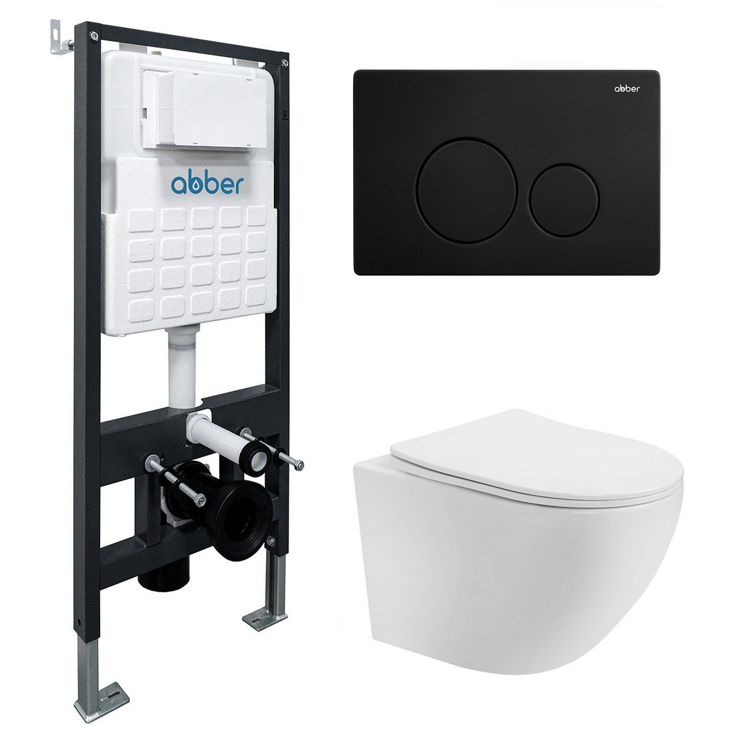 

Комплект 4 в 1 Abber Bequem AC1100T-AC0105-AC0121MB Унитаз подвесной безободковый, с микролифтом + Система инсталляции + Кнопка смыва матовая черная