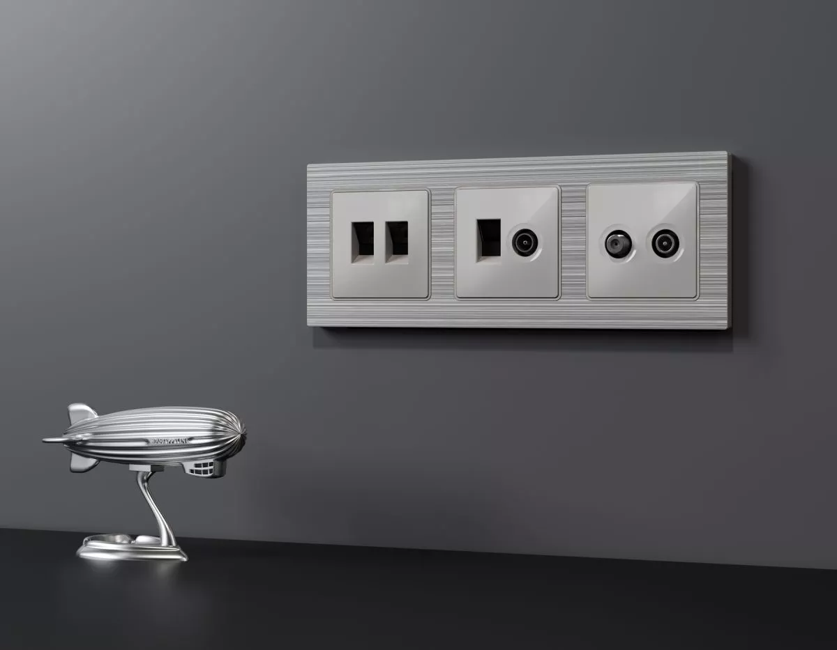 

Комплект механизма компьютерной двойной розетки RJ-45 Ambrella Volt MA412110 (8P8C) CAT6 с автоматической защитной шторкой Alfa Серебро глянец Quant