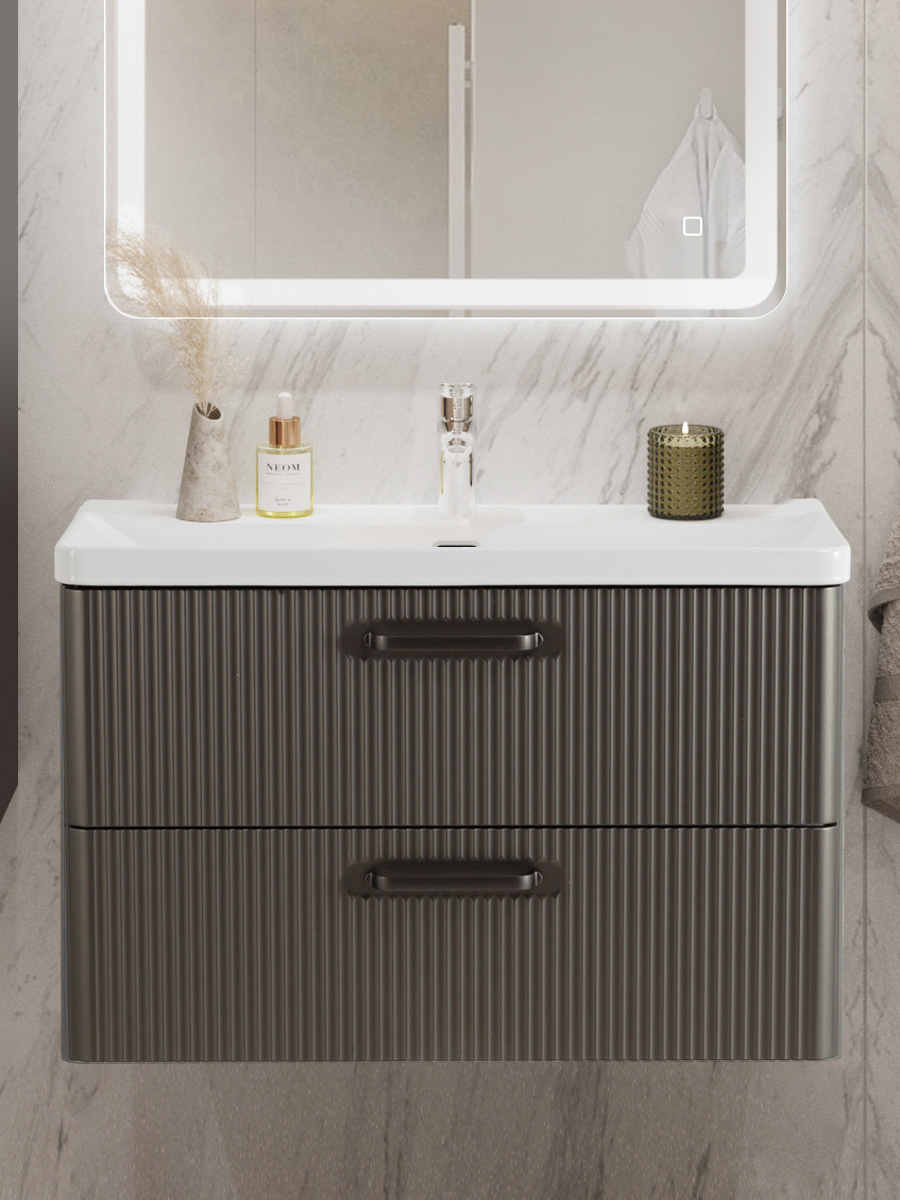 

Тумба с раковиной BelBagno Due 80 ручки матовый темный никель, оружейная сталь