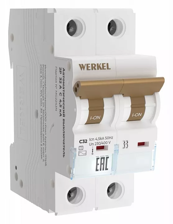 

Автоматический выключатель Werkel 2P 32А C 4,5кА W902P324 4690389192821