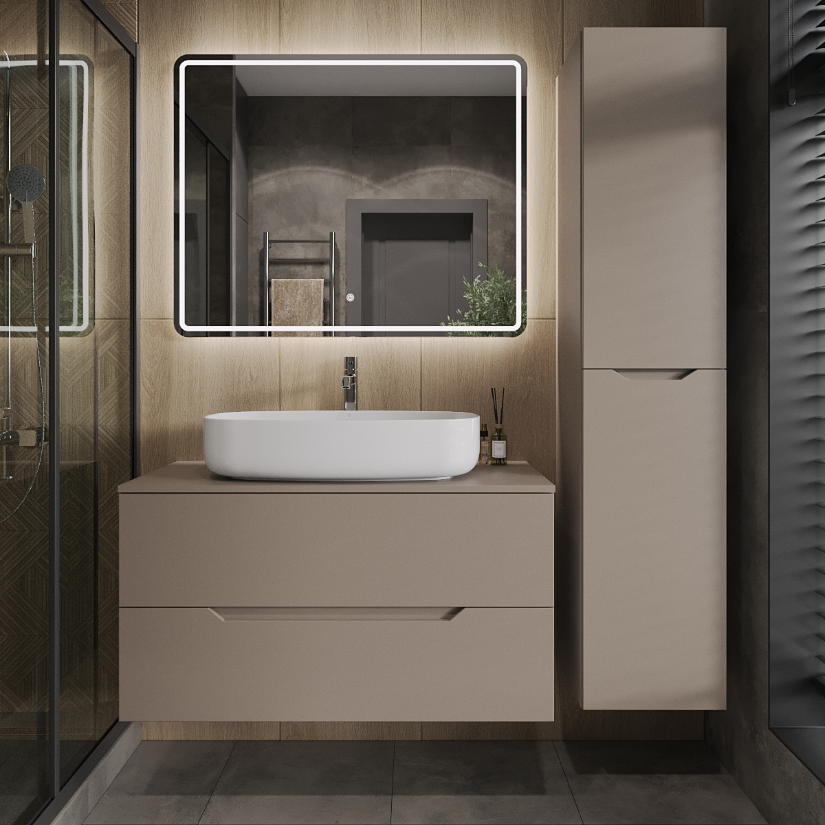 

Мебель для ванной комнаты Orange Line 100 подвесная, 2 ящика, матовый латте с раковиной B07-675W