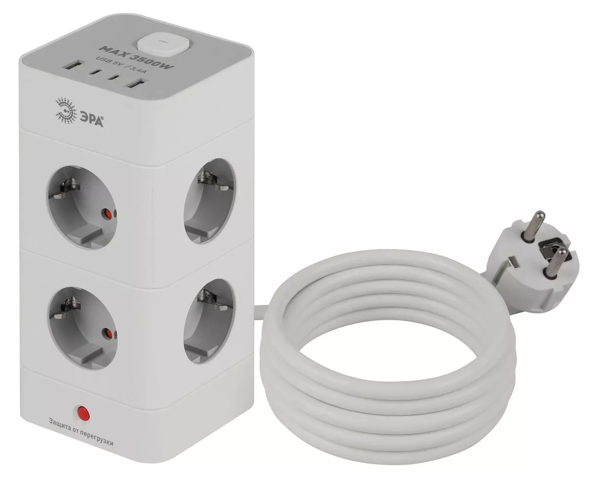 

Сетевой фильтр ЭРА TWR-8es-1,5m-4USB-W башня с защитой заземлением с выключателем 8 розеток+4xUSBA+C 1,5м 16А белый Б0069071