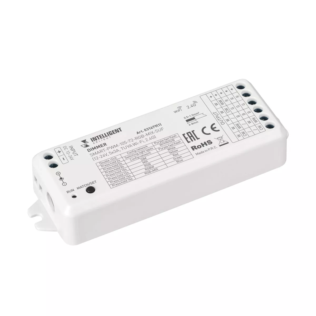 

Диммер Arlight SMART-PWM-105-72-RGB-MIX-SUF (12-24V, 5x3A, TUYA Wi-Fi, 2.4G) (IARL, IP20 Пластик) 031679(1)