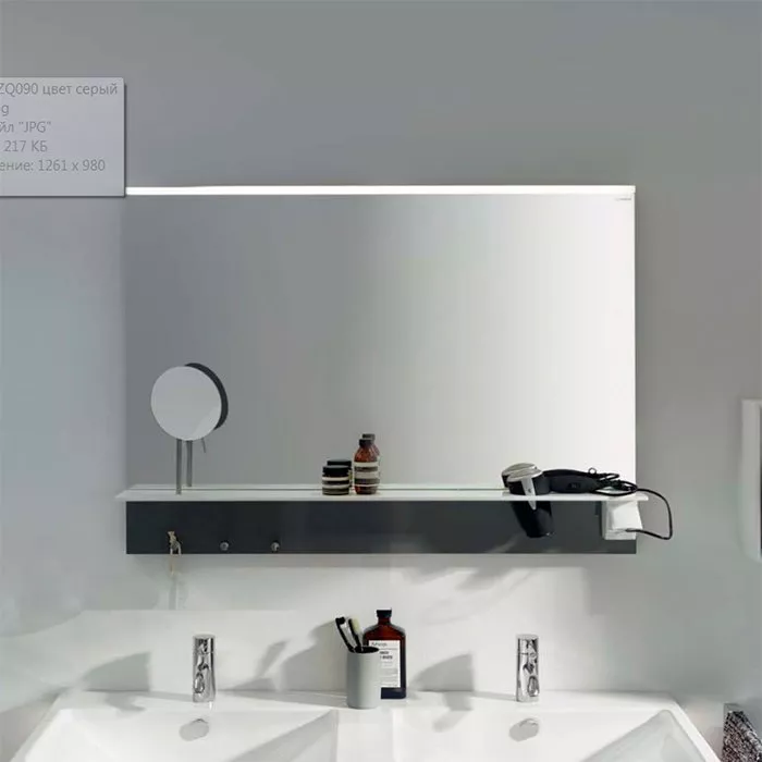 BURGBAD Eqio Зеркало с полкой , светодиод подсв.900х769х150 мм,выкл сбоку справа, 3 крючка, держ для фена справа. цвет серый F2010