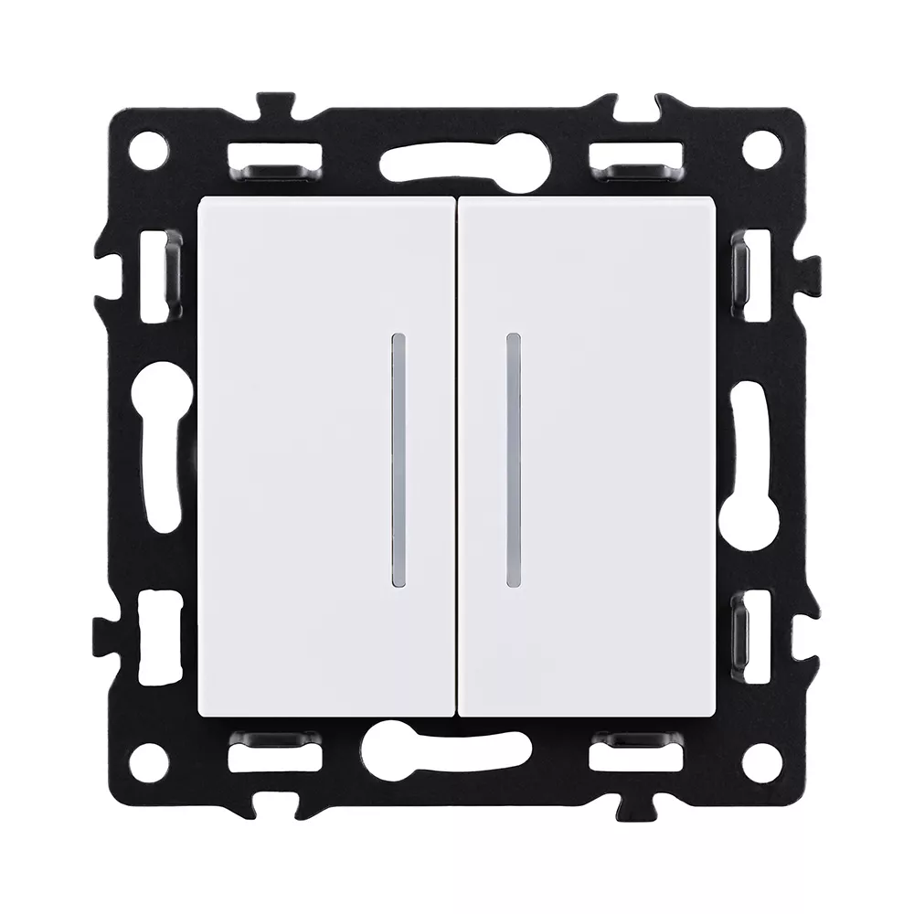 Выключатель 2-клавишный проходной 10А/250В с LED подсветкой, белый Kollinger Asthetik AS-011WH