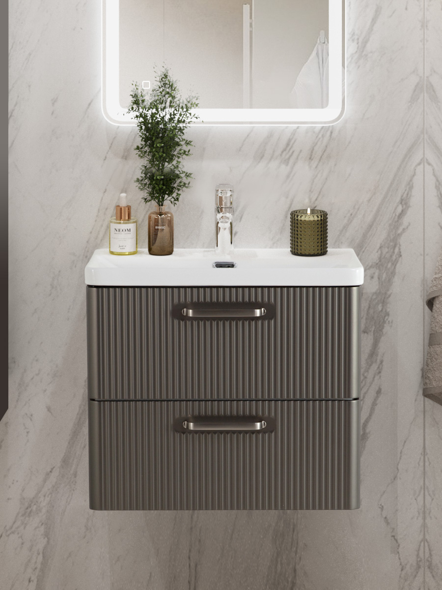 

Тумба с раковиной BelBagno Due 60 ручки матовый атласный никель, оружейная сталь