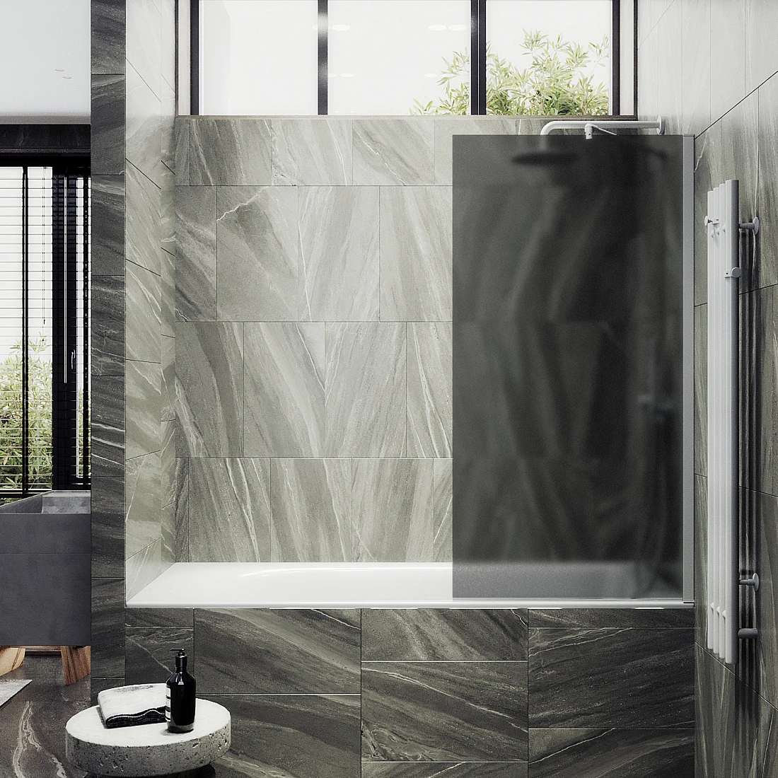

Шторка на ванну Maybahglass 90x140 широкий профиль белый, стекло графит матовое