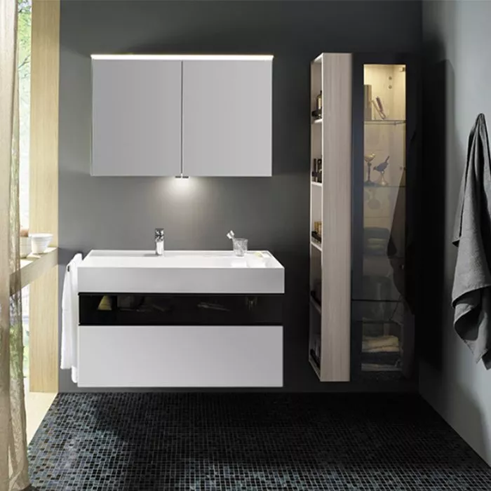 Burgbad Yumo База 1015х640х470 мм.с умыв из мин литья с 1 отв под смес,2 выдв ящика с ручкой Мокка G0179.верхн ящик из дымч стекла, цвет белый глянц.