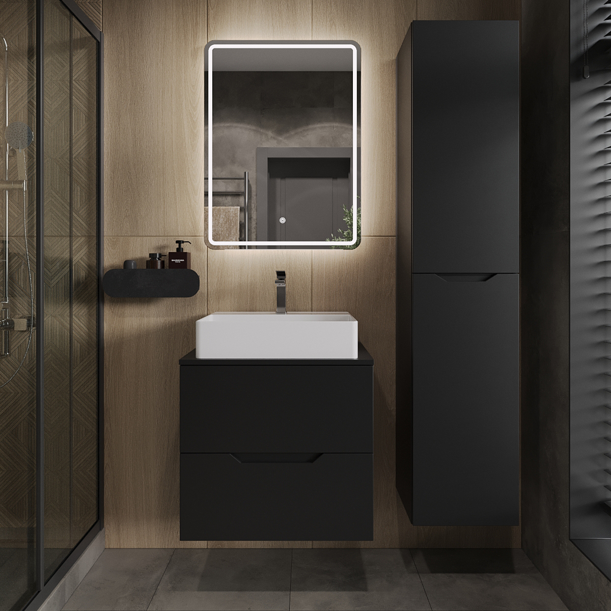 

Мебель для ванной комнаты Orange Line 60 подвесная, 2 ящика, матовая черная с раковиной B04-500W