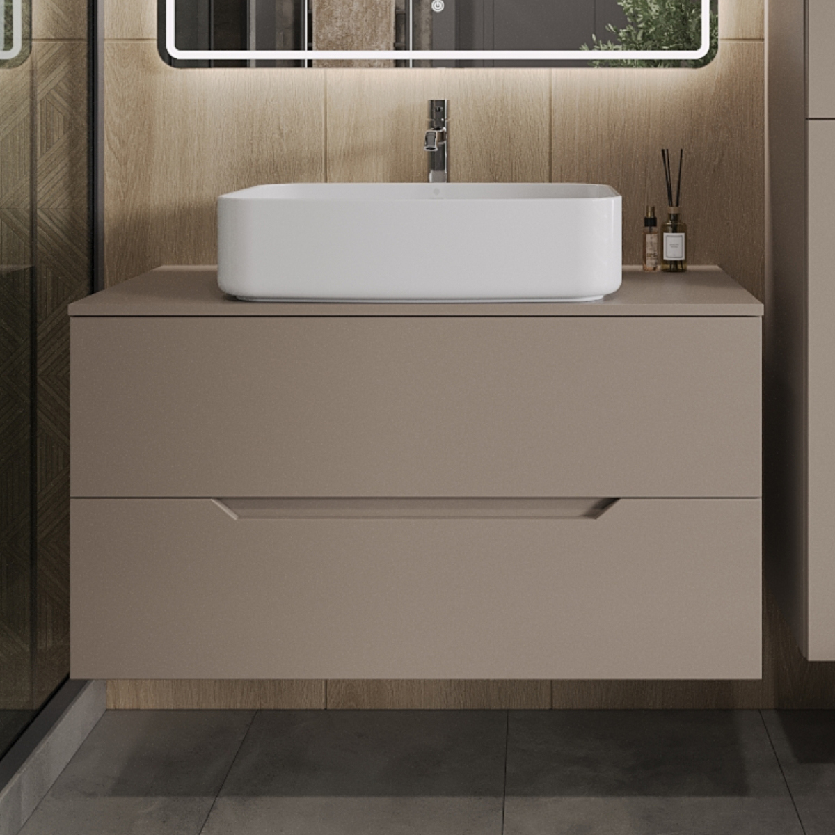 

Тумба с раковиной Orange Line 100 подвесная, 2 ящика, матовый латте с раковиной B07-600W