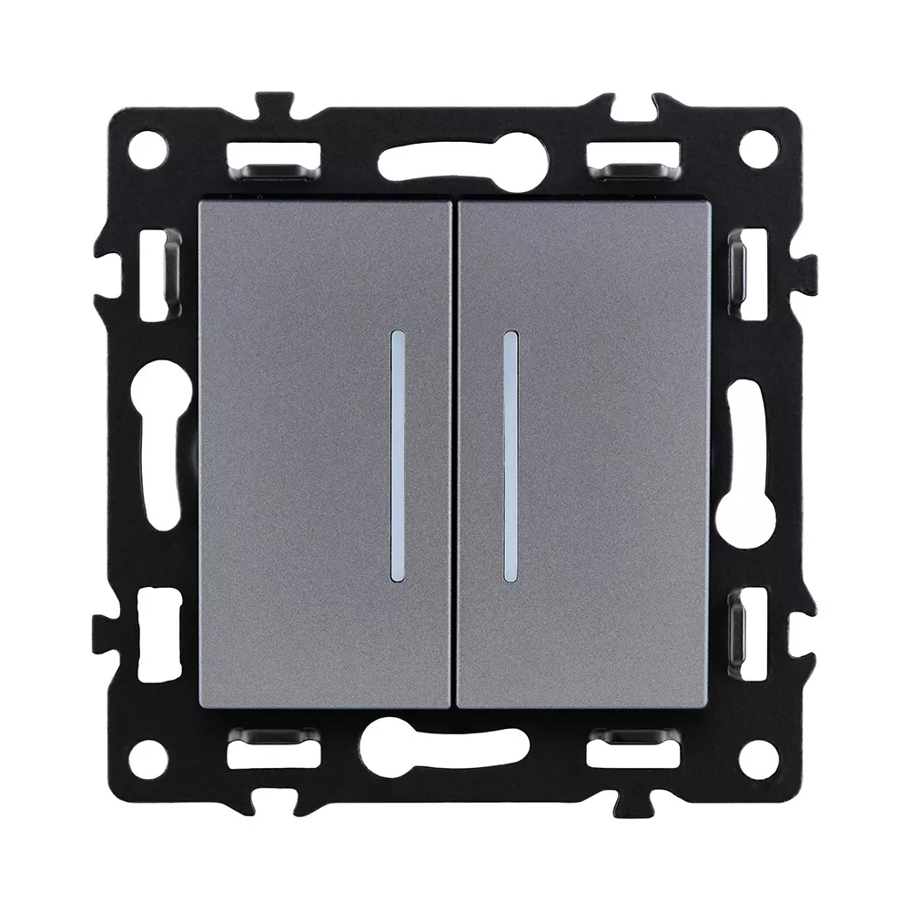 Выключатель 2-клавишный проходной 10А/250В с LED подсветкой, серый Kollinger Asthetik AS-011GY