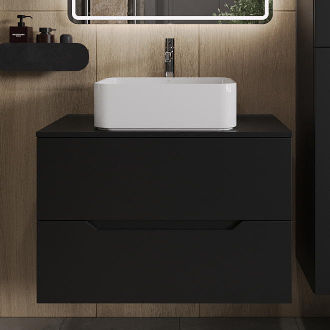 

Тумба с раковиной Orange Line 80 подвесная, 2 ящика, матовая черная с раковиной B02-460W