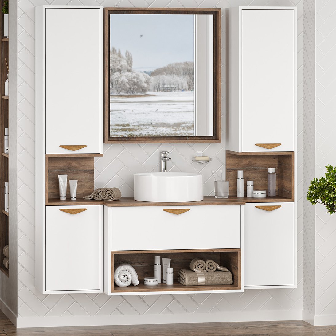 

Мебель для ванной комнаты Brevita Bergen 80 подвесная, с подсветкой, дуб галифакс олово, белый