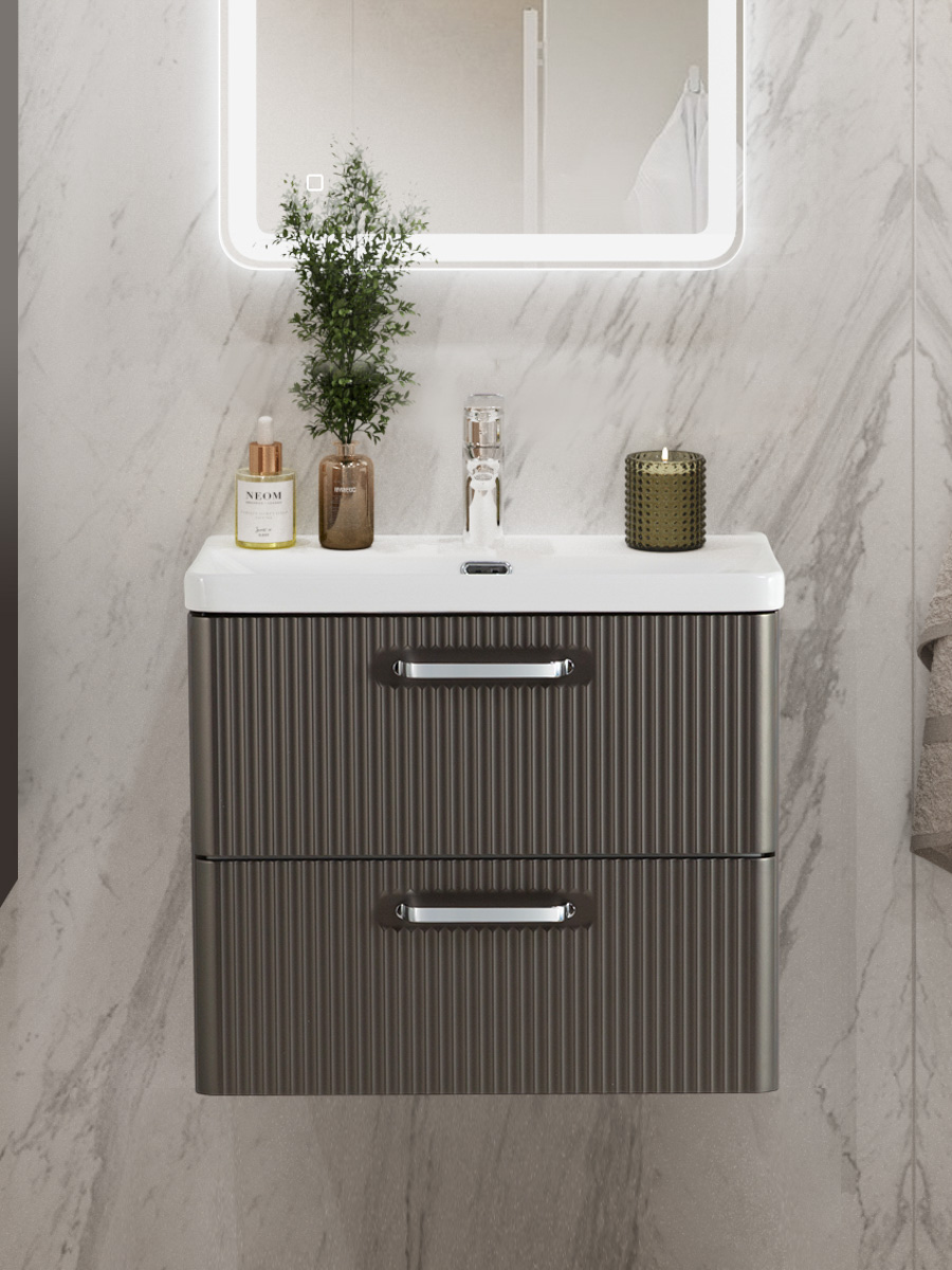 

Тумба с раковиной BelBagno Due 60 ручки хром полированный, оружейная сталь