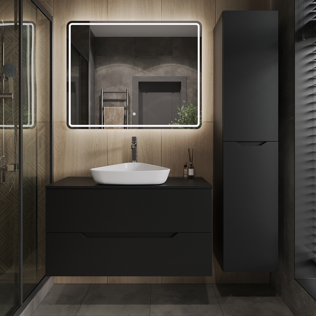 

Мебель для ванной комнаты Orange Line 100 подвесная, 2 ящика, матовая черная с раковиной B07-500W