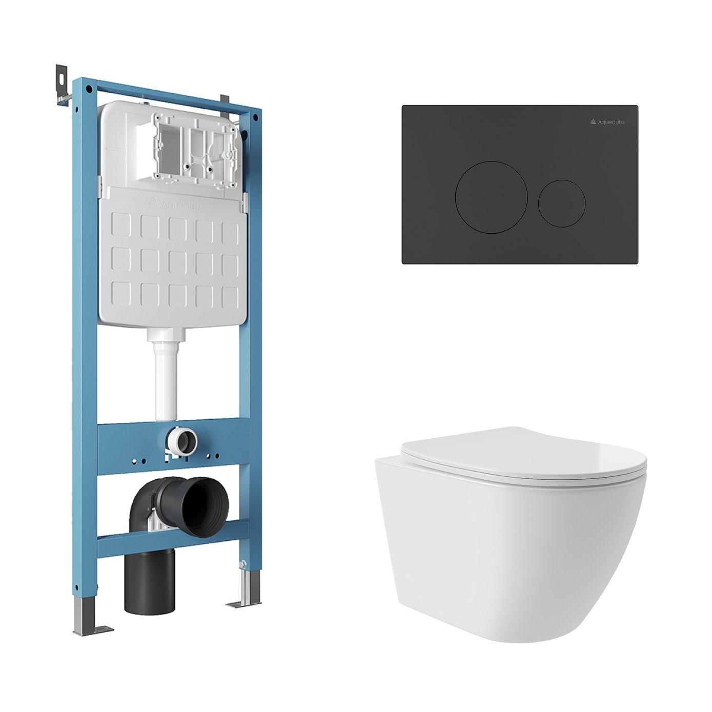 

Комплект Aqueduto AQDS192T Унитаз подвесной Ovo Plus безободковый, с микролифтом, смыв Tornado + Система инсталляции для унитазов Tecnica Novo + Кнопка смыва Circulo Novo черная матовая