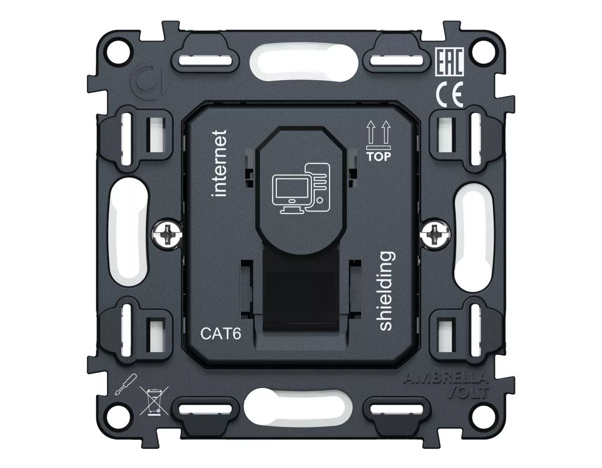 

Механизм компьютерной розетки RJ-45 (8P8C) CAT6A экранированной с автоматической защитной шторкой QUANT Ambrella Volt VM185