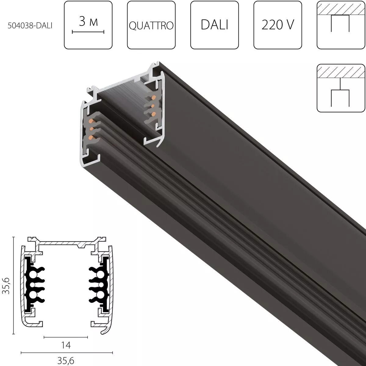 

Шинопровод шестиконтактный трехфазный со стыковочными пазами, 3м Lightstar Quattro/DALI/ 504038-DALI