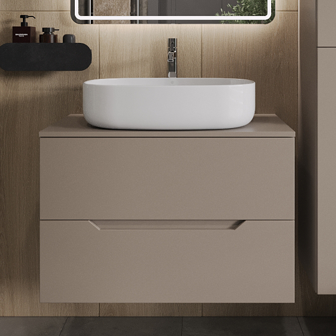 

Тумба с раковиной Orange Line 80 подвесная, 2 ящика, матовый латте с раковиной B04-600W