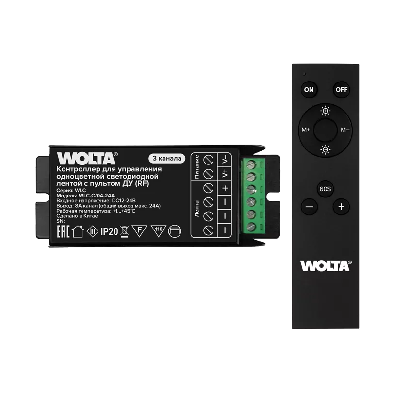 

Контроллер 3-канальный для одноцветной светодиодной ленты 12-24В, 24А с пультом RF WOLTA WLC-C/04-24A 12-24В