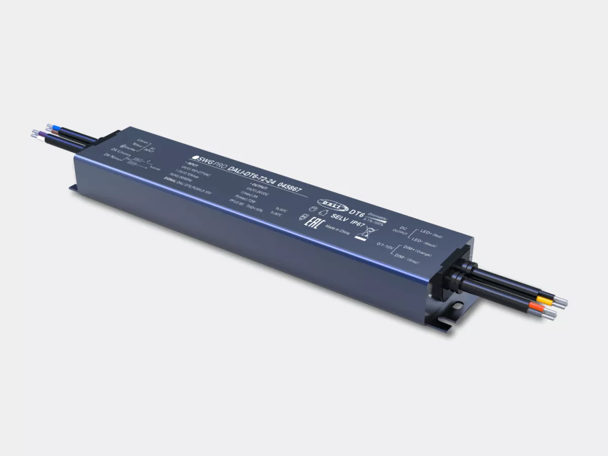 

Диммируемый блок питания для светодиодных лент SWG Pro DALI DT6, 24 В, 72 Вт, IP67, DALI-DT6-72-24 00-00045867
