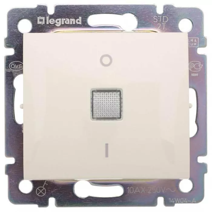 

Переключатель одноклавишный двухполюсный Legrand Valena 10A 250V с подсветкой слоновая кость 774349