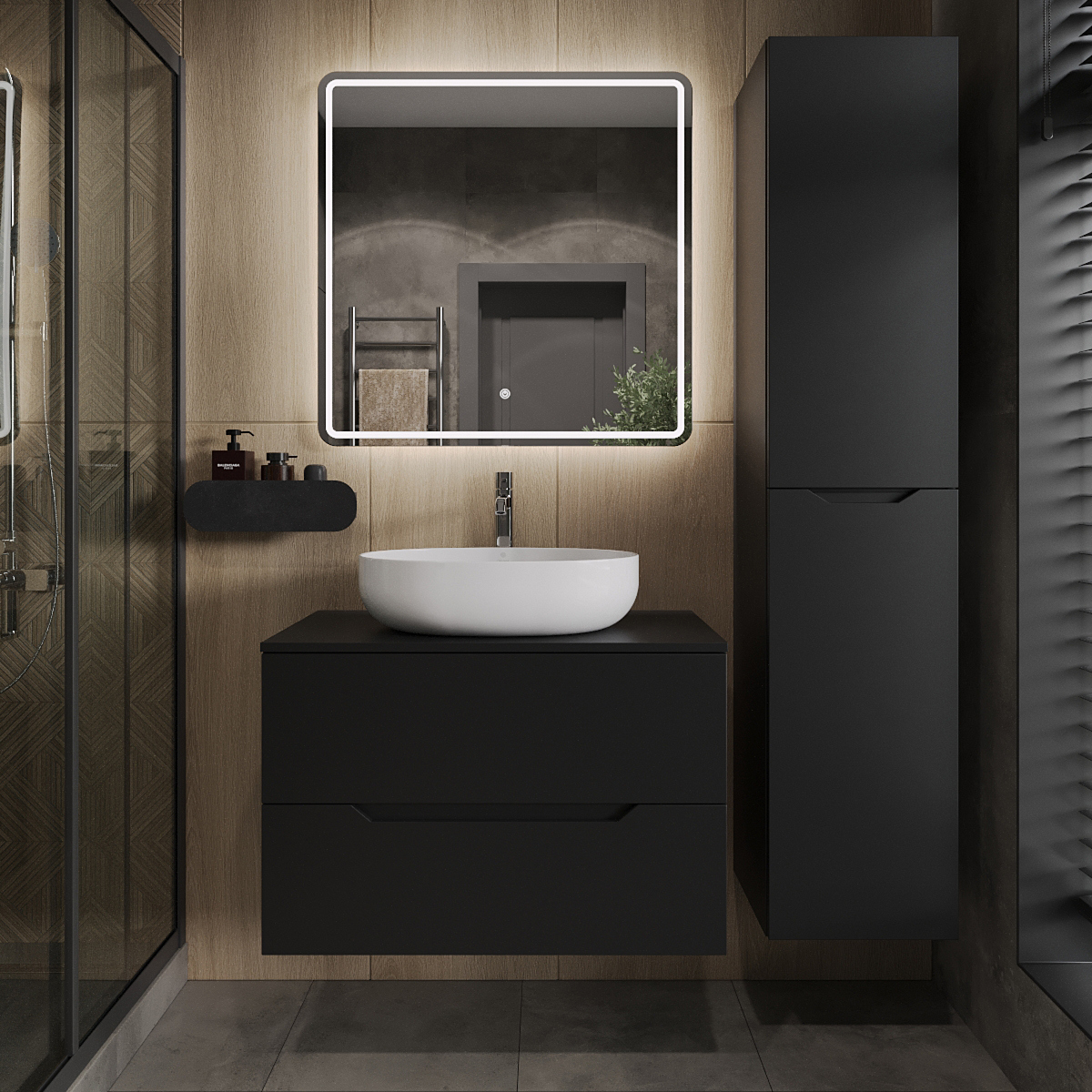 

Мебель для ванной комнаты Orange Line 80 подвесная, 2 ящика, матовая черная с раковиной B05-520W