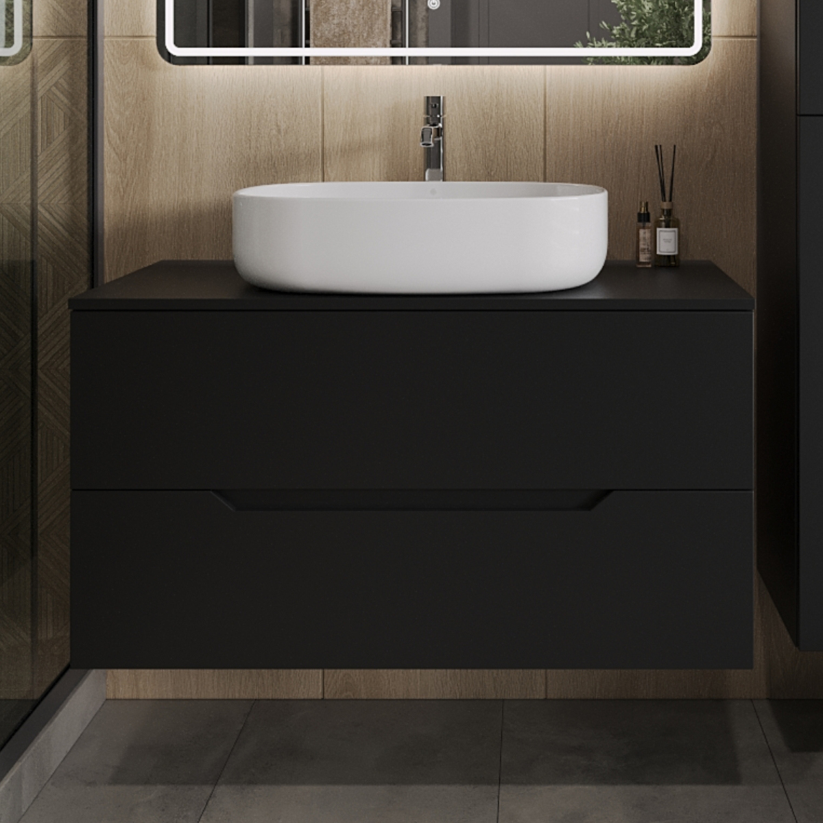 

Тумба с раковиной Orange Line 100 подвесная, 2 ящика, матовая черная с раковиной B04-600W